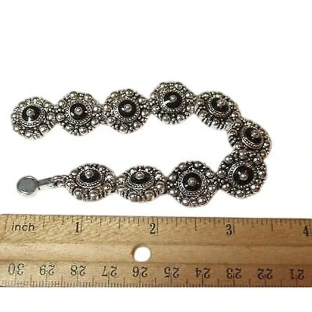 Rhinestone Black Enamel Flower‎ Link Bracelet Silver Tone Glamorous Statement